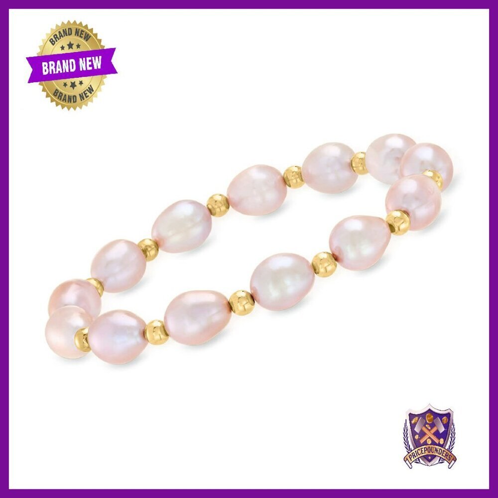 8-9mm Pearl 14kt Gold Bead Stretch Bracelet 7 Inch